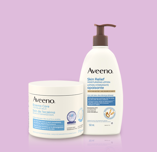 311g jar of Aveeno Eczema Care Itch Relief balm accompanied with 532mL pump bottle of Aveeno Skin Relief Moisturizing Lotion